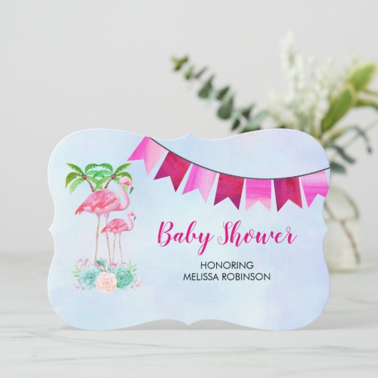 ピンクのフラミンゴヤシの木とフローラ多肉類 招待状 (スタンド正面)