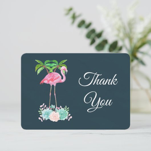 ピンクのフラミンゴヤシの木と多肉植物ありがとう サンキューカード (スタンド正面)