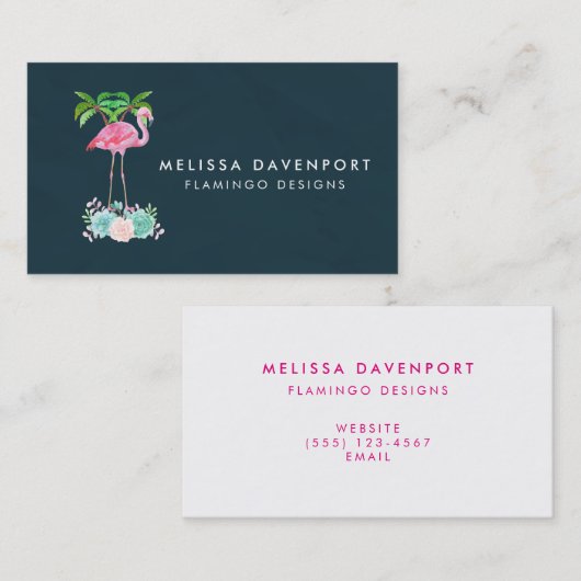 ピンクのフラミンゴヤシの木と多肉植物 名刺 (正面/裏面)