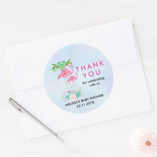 ピンクのフラミンゴヤシの木の赤ちゃんシャワ感謝していー ラウンドシール (封筒)