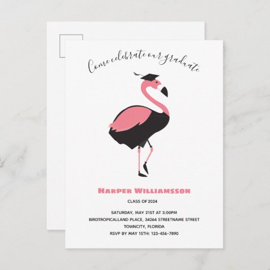 ピンクのフラミンゴ動物の卒業 インビテーションポストカード (正面/裏面)
