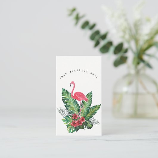 ピンクのフラミンゴ及びハイビスカスの熱帯葉 名刺 (スタンド正面)