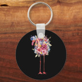 ピンクのフラミンゴ水彩ハワイアン花フローラ キーホルダー (正面)