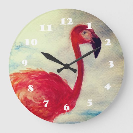 ピンクのフラミンゴ水彩時計 ラージ壁時計 (正面)