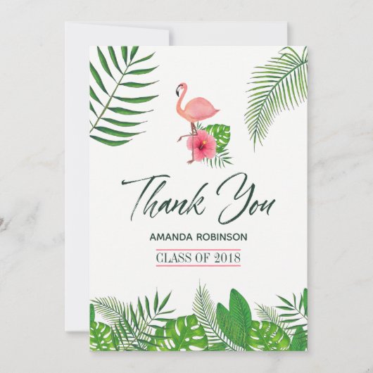 ピンクのフラミンゴ水彩画のルアウ卒業感謝祭 案内状 (正面)