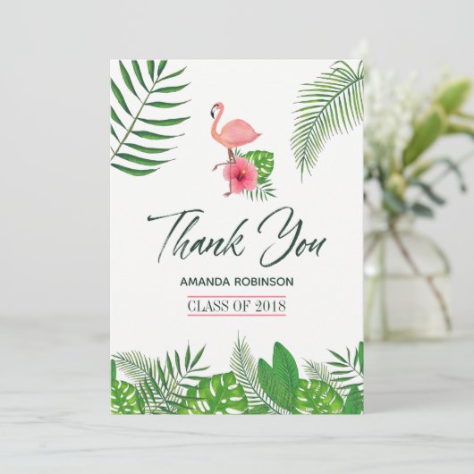 ピンクのフラミンゴ水彩画のルアウ卒業感謝祭 案内状 (スタンド正面)