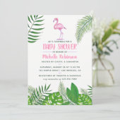 ピンクのフラミンゴ熱帯の水の色の女の子ベビーシャワー 招待状 (スタンド正面)