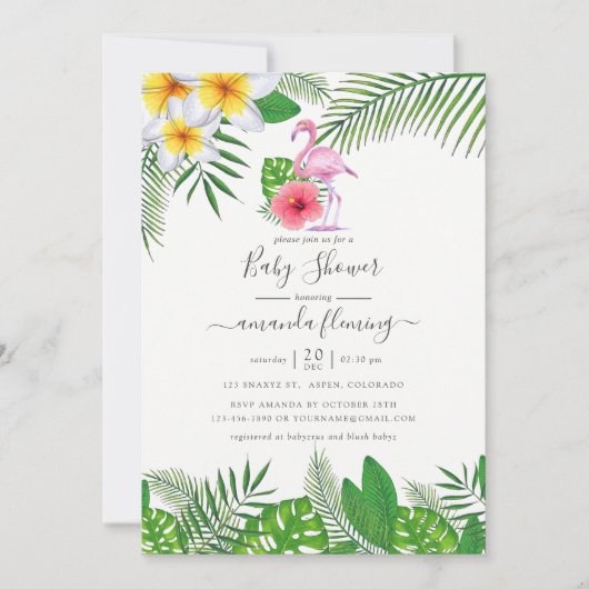 ピンクのフラミンゴ熱帯の水の色の女の子ベビーシャワー 招待状 (正面)