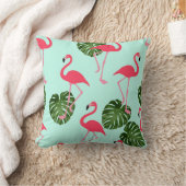ピンクのフラミンゴ熱帯の緑の葉のリバーシブル クッション (ブランケット)