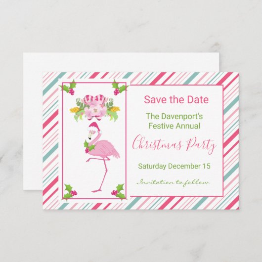 ピンクのフラミンゴ熱帯クリスマスの日付を保存 招待状 (正面/裏面)