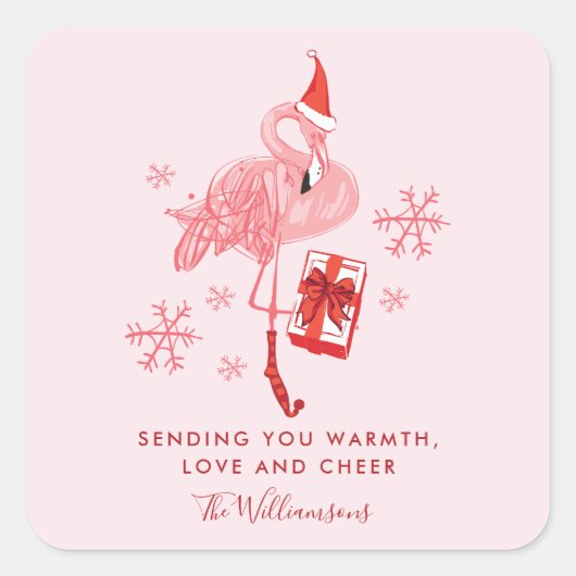 ピンクのフラミンゴ熱帯クリスマスウォーター色 スクエアシール (正面)