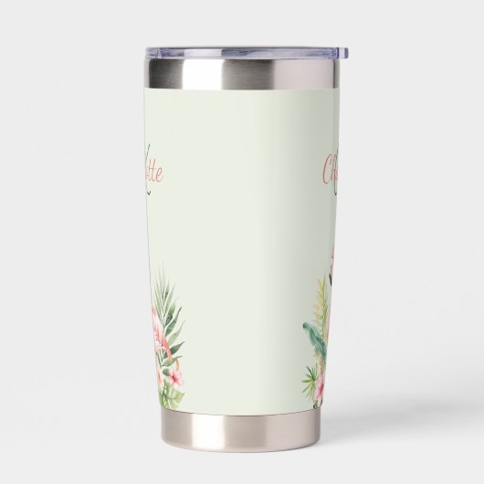 ピンクのフラミンゴ熱帯モノグラムのセージ緑 保温保冷タンブラー (左面)