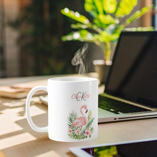 ピンクのフラミンゴ熱帯夏のモノグラム コーヒーマグカップ