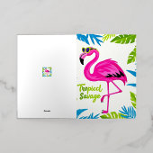 ピンクのフラミンゴ熱帯性片脚に立つ 箔グリーティングカード (外側レイダウン)