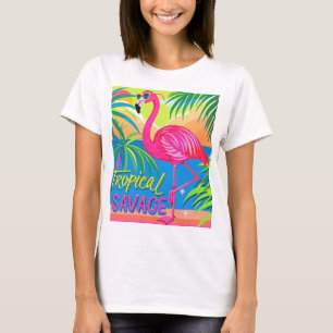 ピンクのフラミンゴ熱帯性片脚に立つ Tシャツ