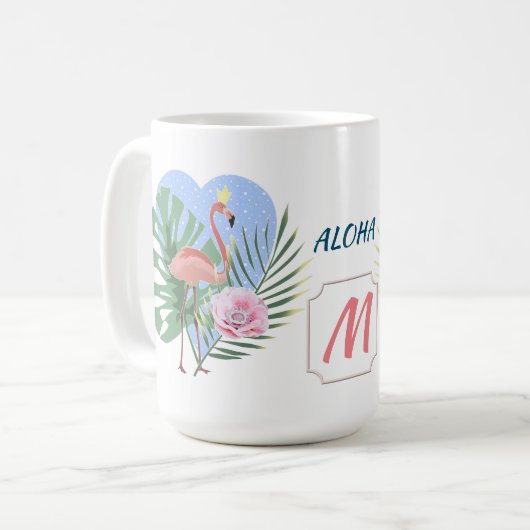ピンクのフラミンゴ熱帯性葉のヤシ コーヒーマグカップ (正面左)