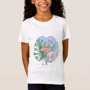 ピンクのフラミンゴ熱帯性葉のヤシ Tシャツ