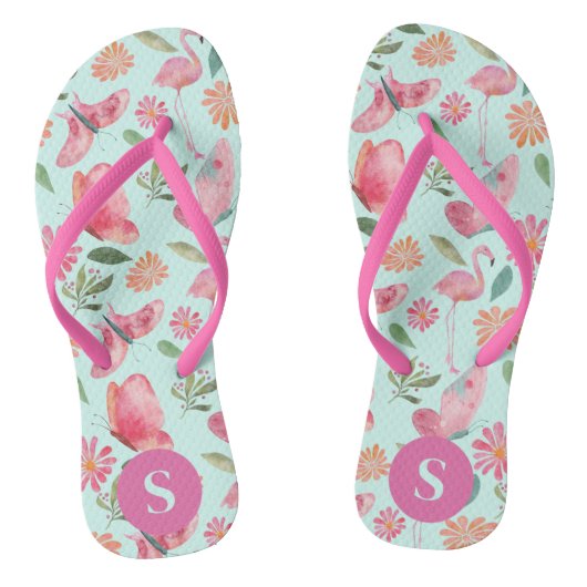 ピンクのフラミンゴ熱帯花のパタモノグラムのーン ビーチサンダル (ソール)