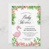 ピンクのフラミンゴ熱帯花スクリプトベビーシャワー 招待状 (正面)