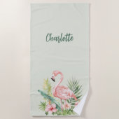 ピンクのフラミンゴ熱帯花セージ緑 ビーチタオル (正面)