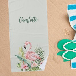 ピンクのフラミンゴ熱帯花セージ緑 ビーチタオル