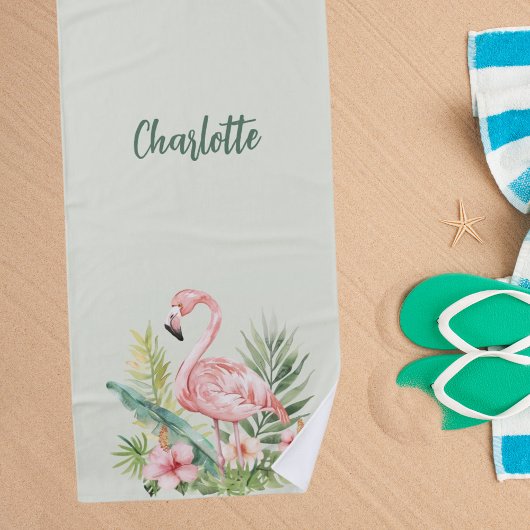 ピンクのフラミンゴ熱帯花セージ緑 ビーチタオル