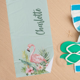 ピンクのフラミンゴ熱帯花セージ緑 ビーチタオル