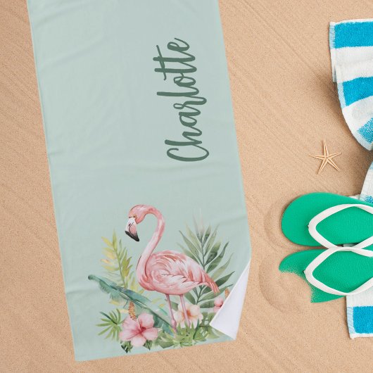 ピンクのフラミンゴ熱帯花セージ緑 ビーチタオル