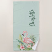 ピンクのフラミンゴ熱帯花セージ緑 ビーチタオル (正面)