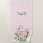 ピンクのフラミンゴ熱帯花 ビーチタオル (正面)
