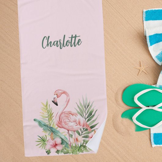 ピンクのフラミンゴ熱帯花 ビーチタオル