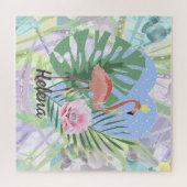 ピンクのフラミンゴ熱帯葉パームモンステラJigsaw P ジグソーパズル (横)