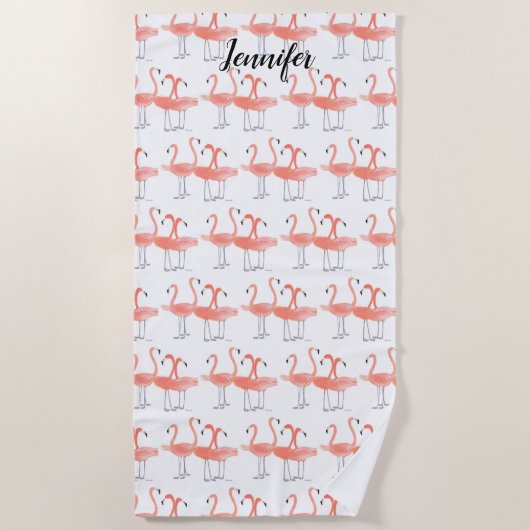 ピンクのフラミンゴ熱帯鳥の水彩可愛い鳥 ビーチタオル (正面)
