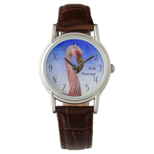 ピンクのフラミンゴ鳥の水彩画絵画色のポスター 腕時計 (正面)