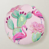 ピンクのフラミンゴ、エキゾチックな鳥、優しい花、バラ、 ラウンドクッション (裏面)