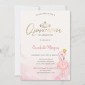 ピンクのフラミンゴ ゴールドのティアラ 15歳の誕生日パーティー 招待状 (正面)