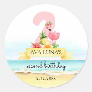 ピンクのフラミンゴ サマー 2歳の誕生日 ラウンドシール
