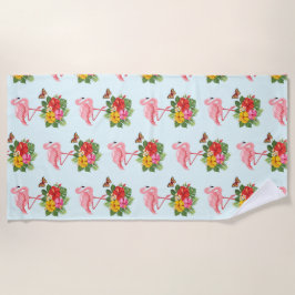 ピンクのフラミンゴ&トロピカルハイビスカスパタファンシーーン ビーチタオル