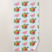 ピンクのフラミンゴ&トロピカルハイビスカスパタファンシーーン ビーチタオル (正面)