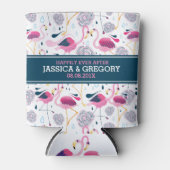 ピンクのフラミンゴ&トロピカルフラワーパターン 缶クーラー (正面)