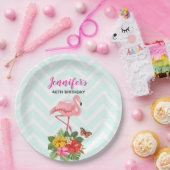 ピンクのフラミンゴ & トロピカル ヒビスカス おしゃれな誕生日 ペーパープレート (パーティー)