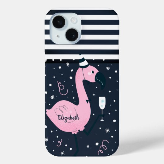 ピンクのフラミンゴ+ネイビーブルーストライプ Case-Mate iPhoneケース (裏面)