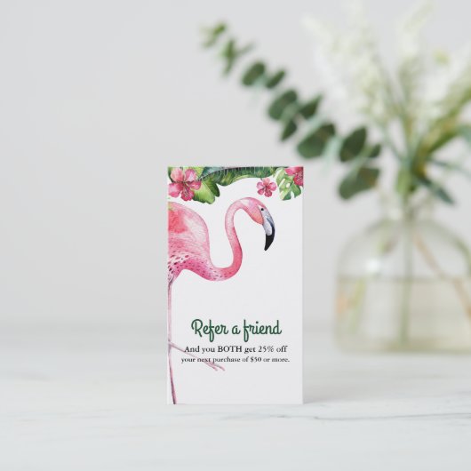 ピンクのフラミンゴ&ハイビスカス熱帯の友人を参照 紹介カード (スタンド正面)