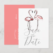 ピンクのフラミンゴ フラミンゴ マーブル Save the Date 案内ポストカード (正面/裏面)