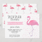 ピンクのフラミンゴ ポルカドット 1歳の誕生日 招待状 (正面/裏面)