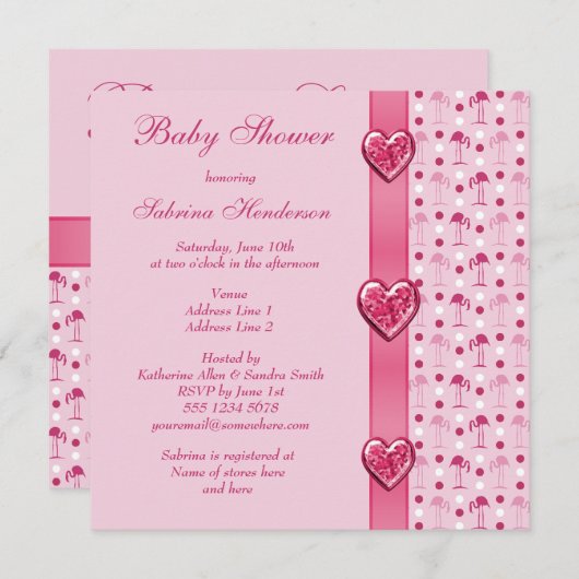 ピンクのフラミンゴ、印刷された弓及びハートのベビーシャワー 招待状 (正面/裏面)