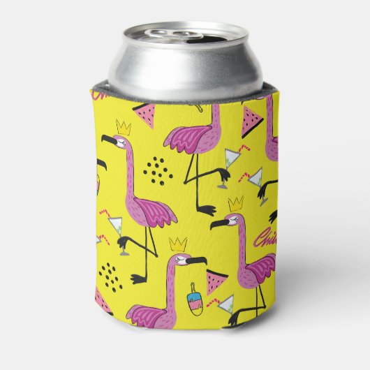 ピンクのフラミンゴ:夏のファッションパターン 缶クーラー (缶裏面)
