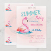 ピンクのフラミンゴ 夏の誕生日パーティー 招待状 (正面/裏面)
