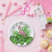 ピンクのフラミンゴ、熱帯ジャングル葉の ペーパープレート (パーティー)