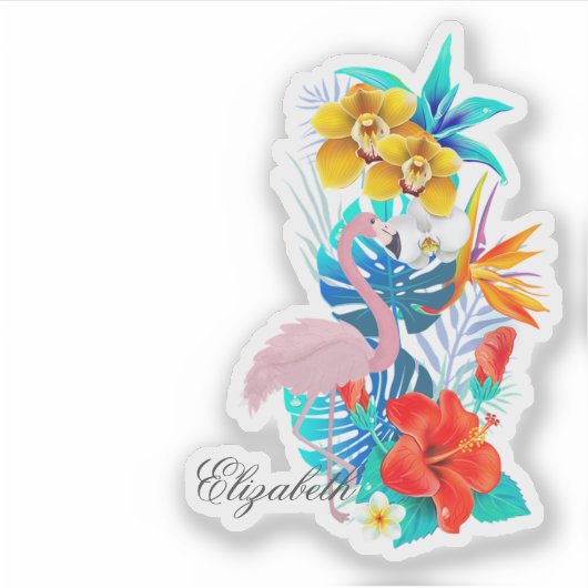 ピンクのフラミンゴ、熱帯花パーソナライズされた- シール (正面)
